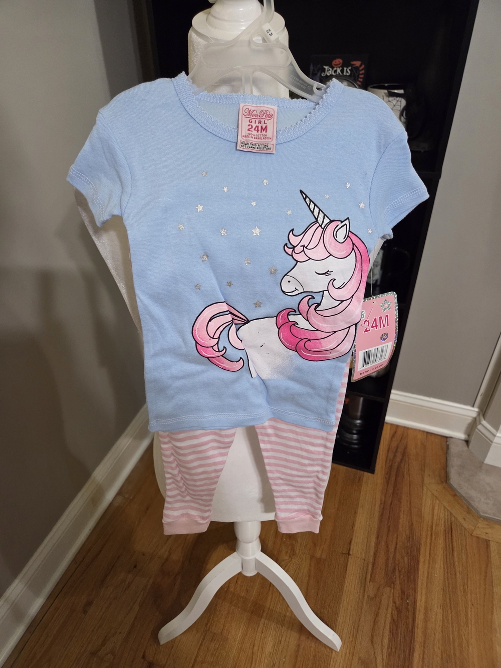 Unicorn Short-Sleeve Pajama Set - Blue Top & Pink Striped Pants